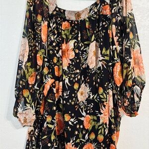 LC Lauren Conrad Black Floral Blouse with Orange and Green Accents